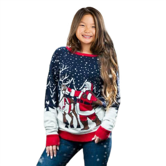 Kids Santa and reindeer sweater, long sleeves, red neckline, navy and white print