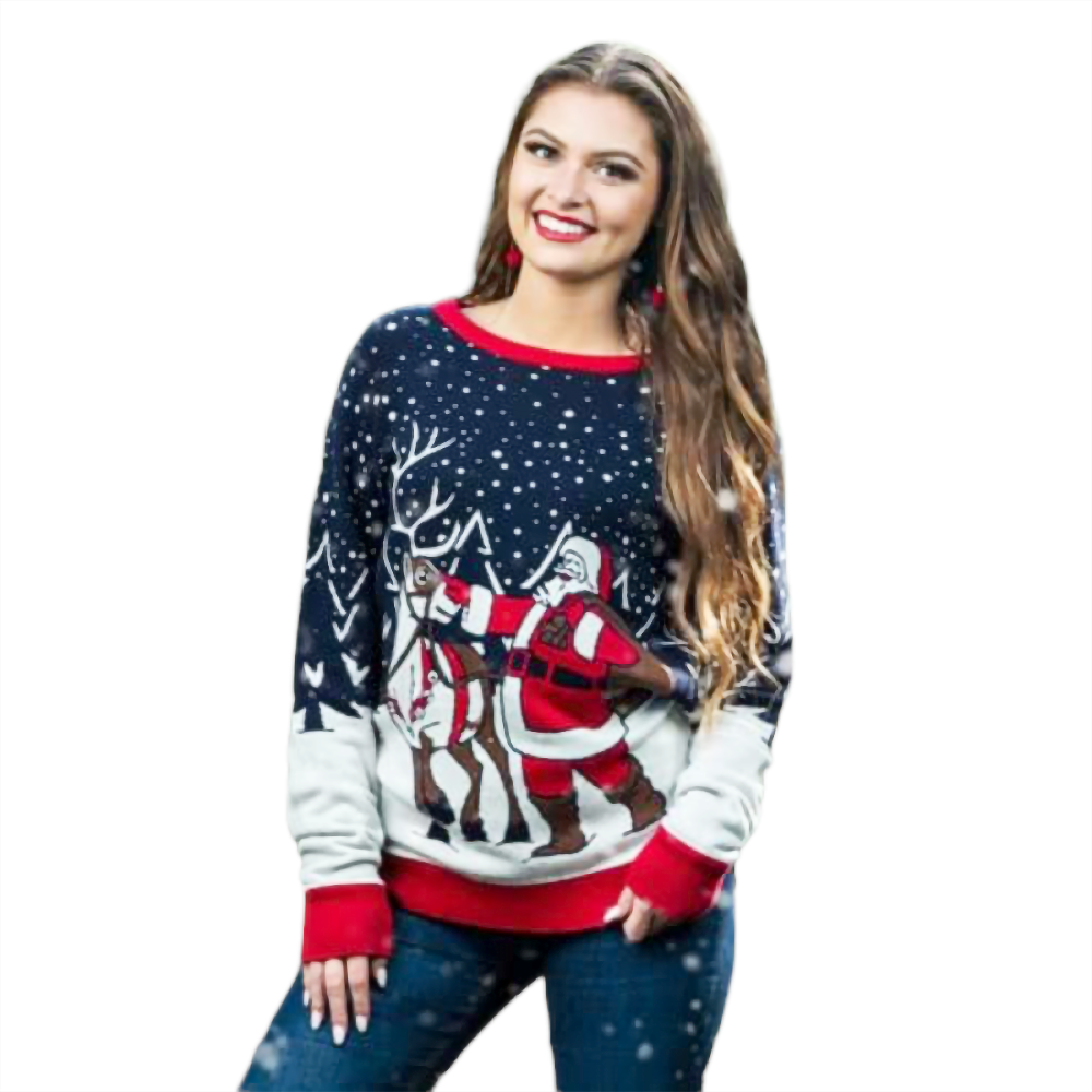 Santa and reindeer knit sweater, navy with white graphic, red crewneck and cuffs
