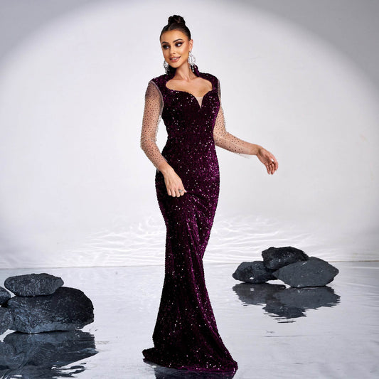 Long Sleeve Banquet Sequined Rhinestone Mermaid Party Dress