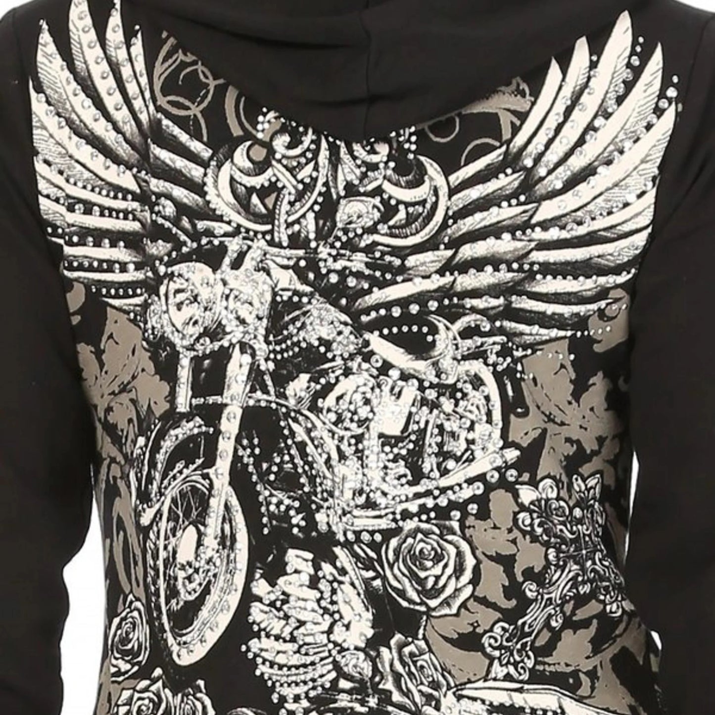 Black hoodie with white motorcycle and wings design