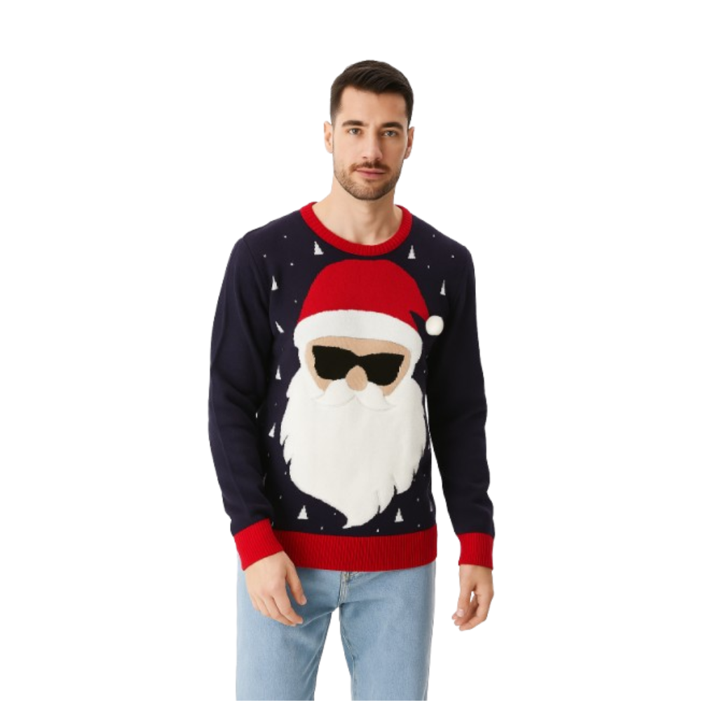 Santa novelty knit sweater with red cuffs and white pom-pom hat
