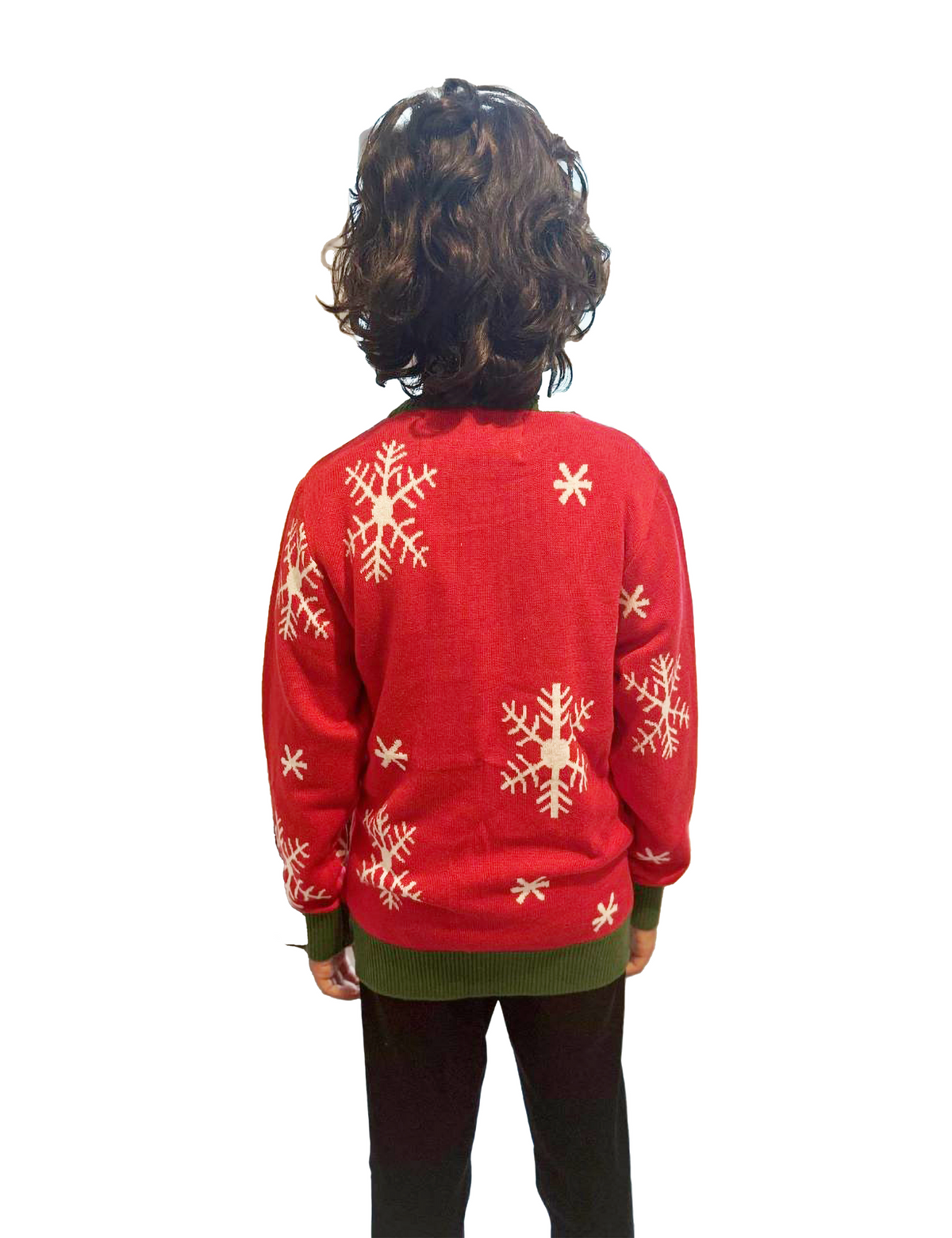 Girls red reindeer sweater with back snowflake patterns and ribbed green hem cuffs