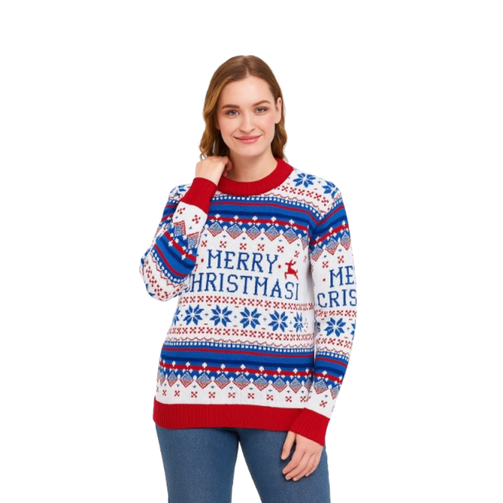 Festive crewneck sweater with white base, red/blue fair isle pattern and holiday text