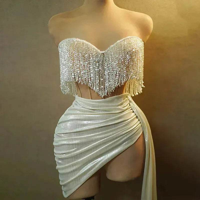 Strapless Tassle Corset dress Women's Tube Top Rhinestone Chain Skirt Outfit for Evening party Cocktail event