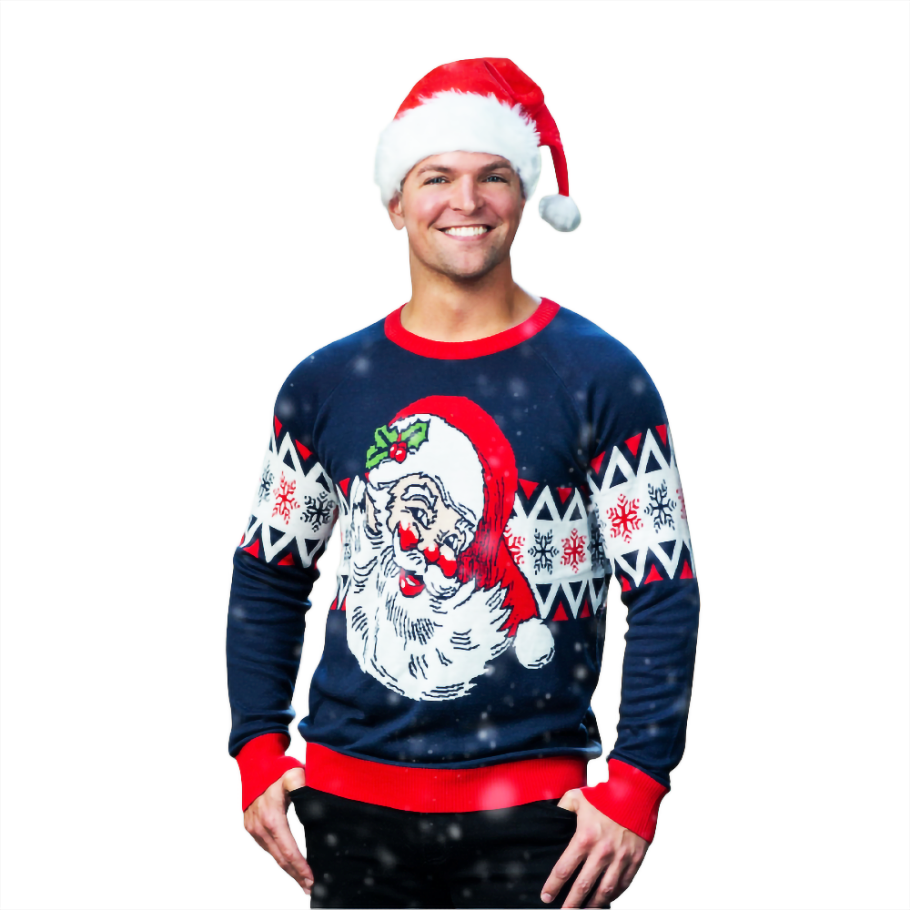 Vintage laughing Santa crewneck sweater, dark blue with red trim and Santa graphic
