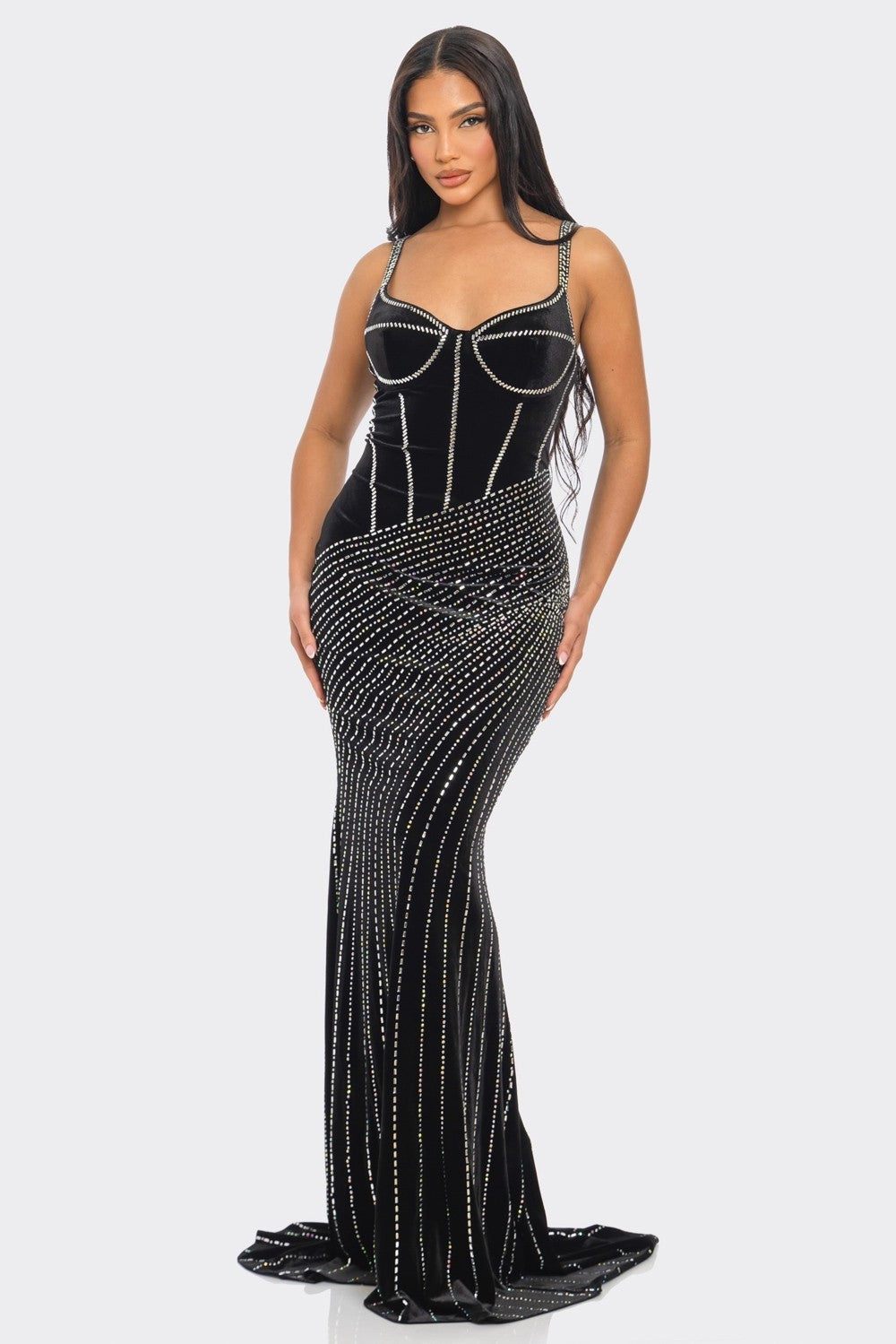 Black rhinestone velvet maxi dress with fitted bust and draped skirt