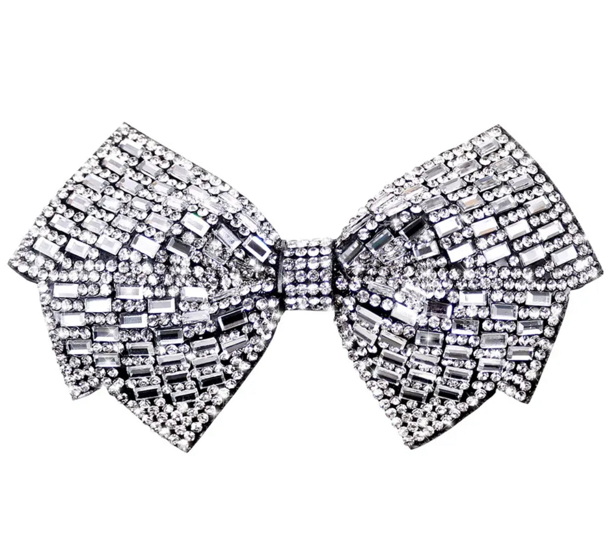 Jeweled rhinestone bow, silver-toned with dark accents, centered with bow knot