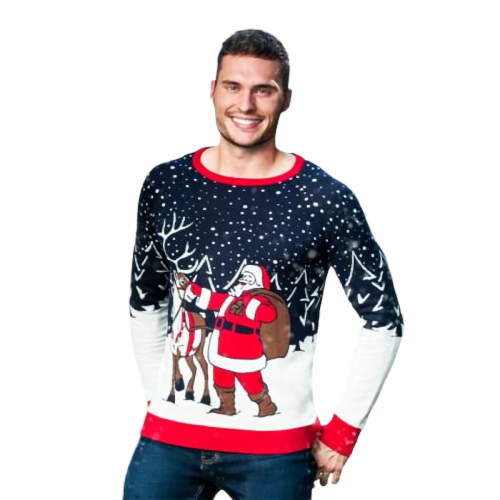 Santa and reindeer sweater: dark navy knit, red crewneck trim, cartoon winter scene