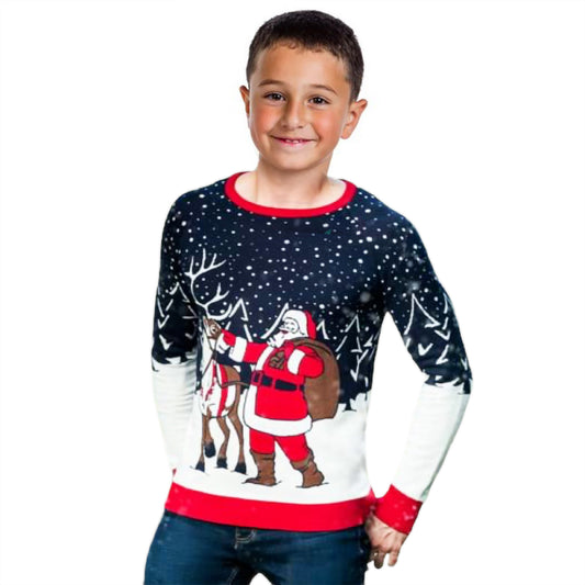 Santa and reindeer sweater: dark navy knit, red cuffs and hem, Santa with reindeer