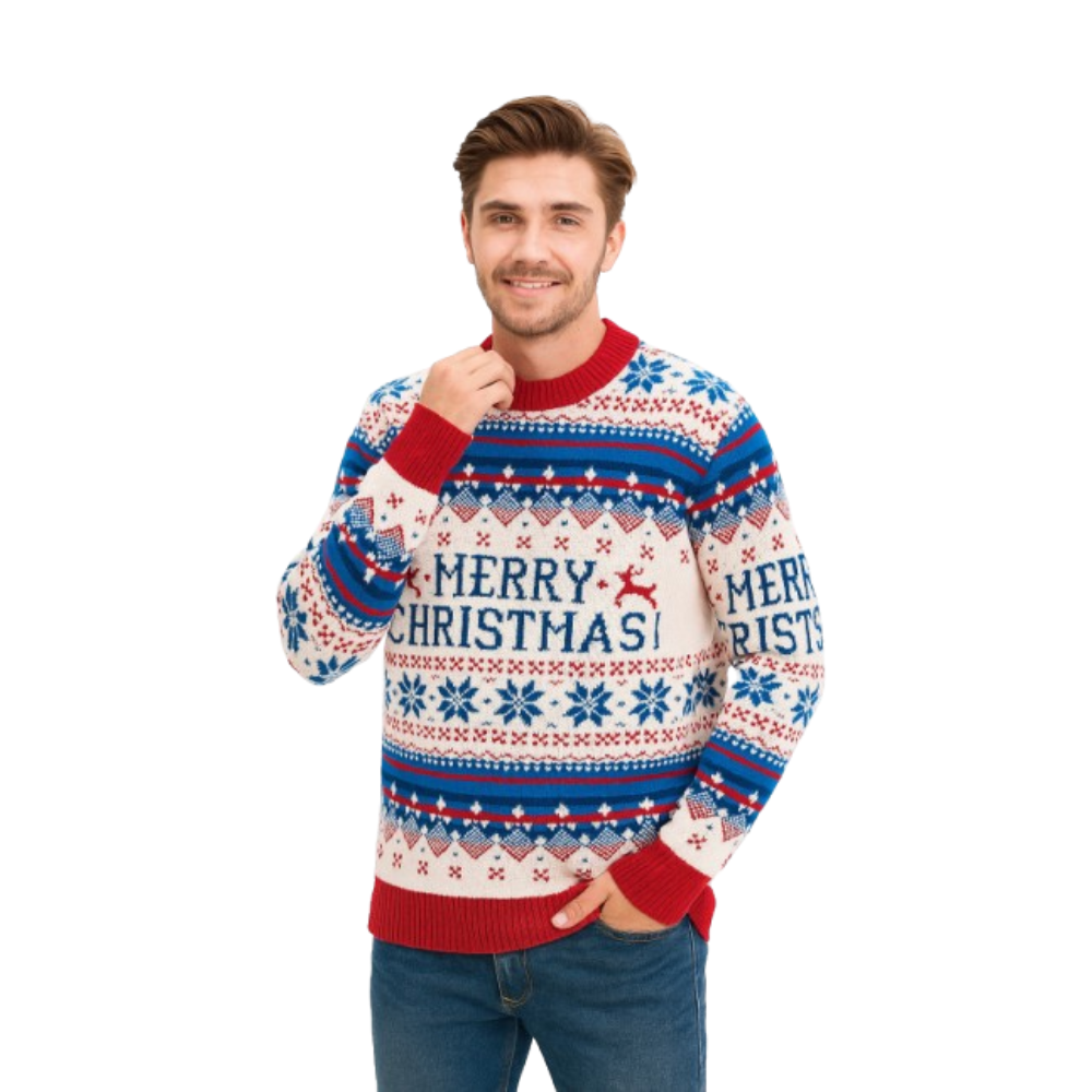 White knit Christmas sweater with red/blue Fair Isle pattern and "Merry Christmas" text