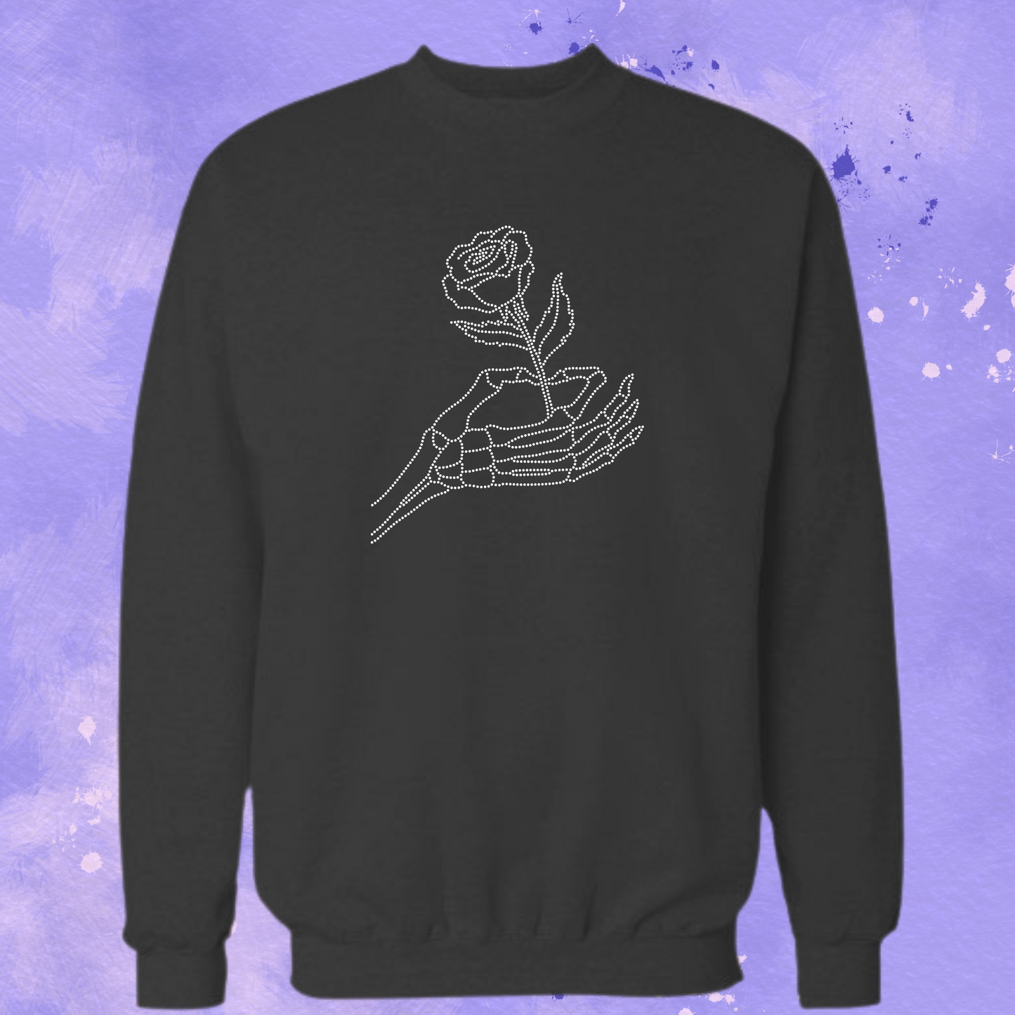 Black crewneck sweatshirt with skeleton hand holding rose outline graphic