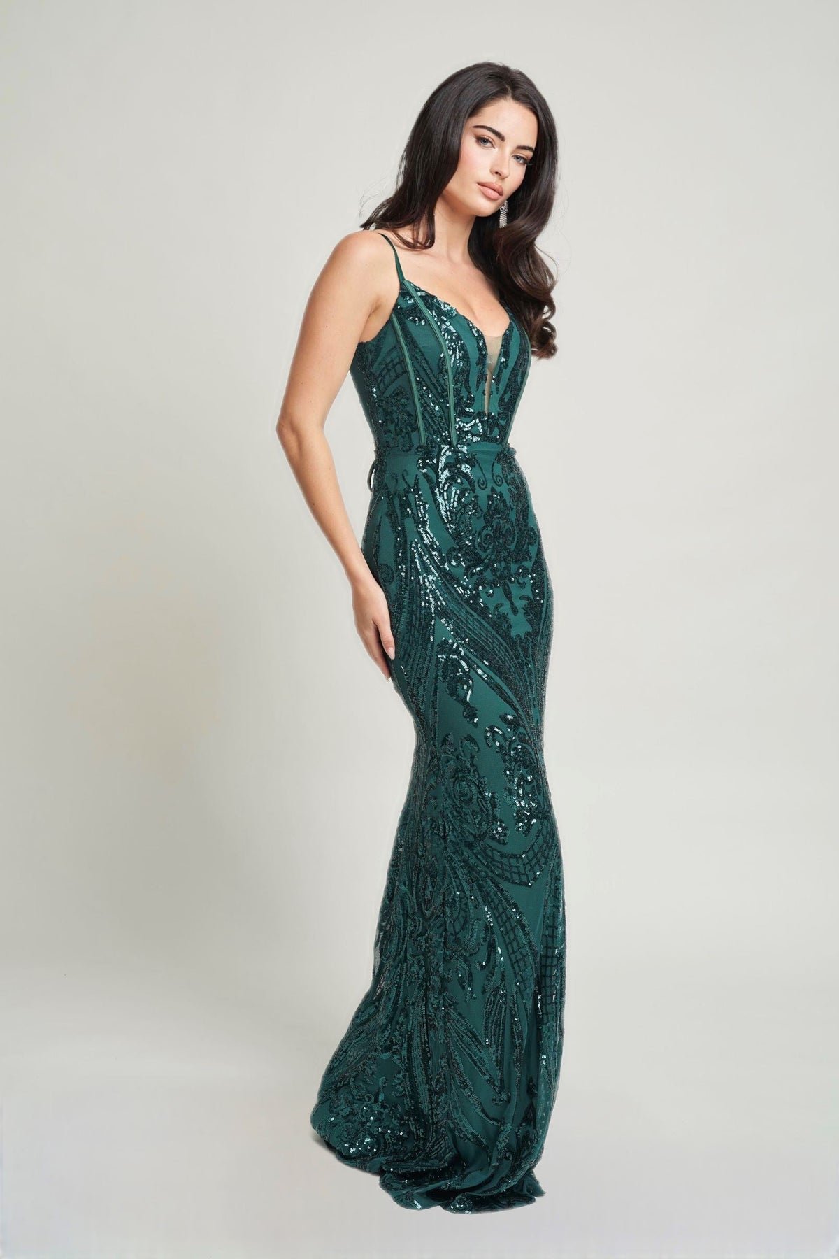Green sequin maxi dress with spaghetti straps and V-neck, tapered mermaid hem