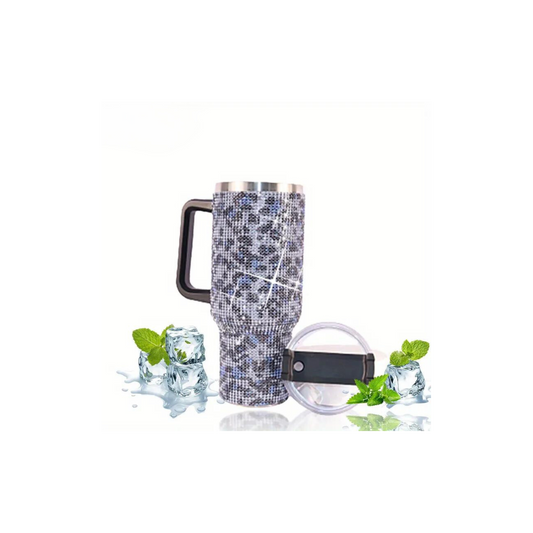 40oz Artificial Diamond Decor Insulated Tumbler With Handle And Straw Lid,