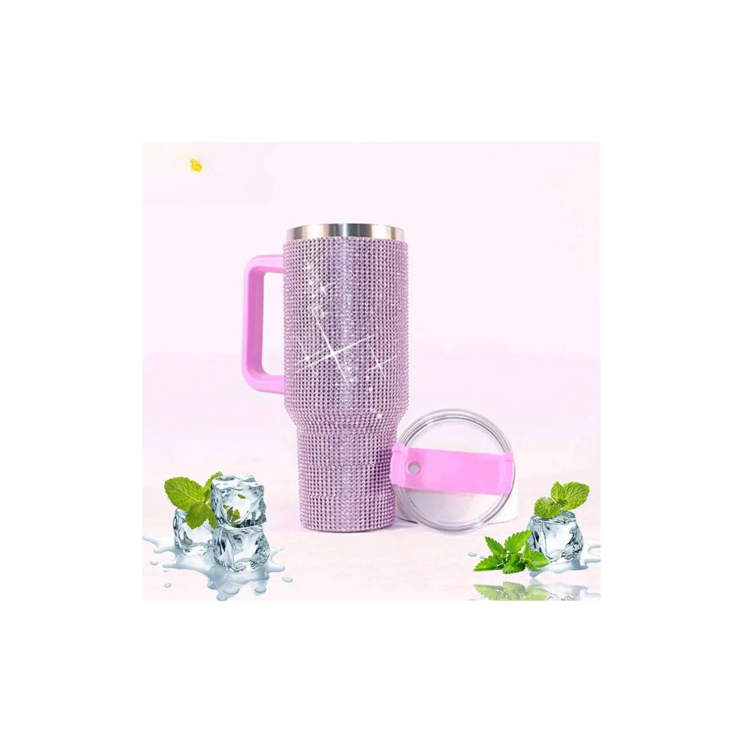 40oz Artificial Diamond Decor Insulated Tumbler With Handle And Straw Lid,
