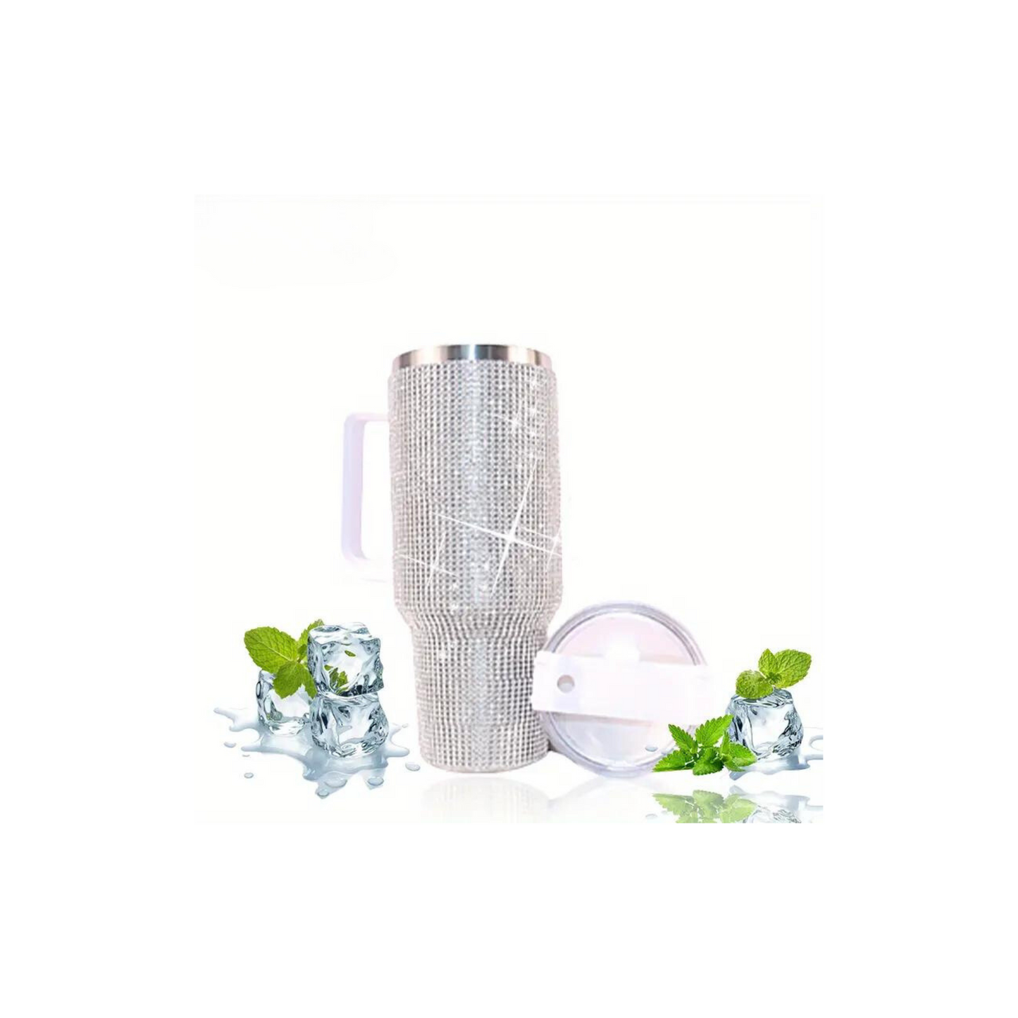 40oz Artificial Diamond Decor Insulated Tumbler With Handle And Straw Lid,