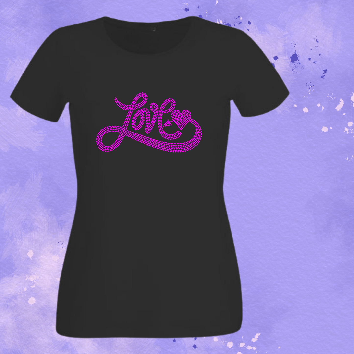 Black short-sleeve T-shirt with purple rhinestone-style love heart script graphic