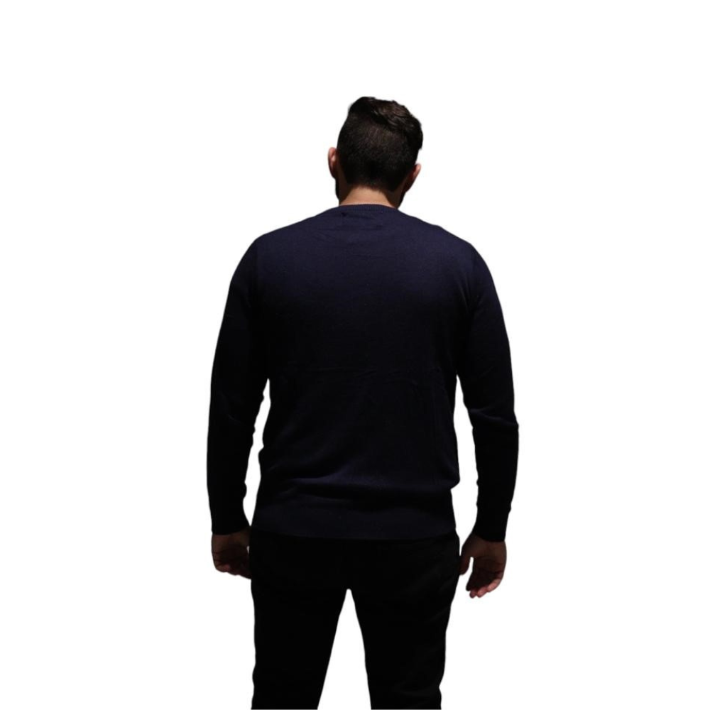 Snowman sweater back view, navy knit with ribbed cuffs and hem