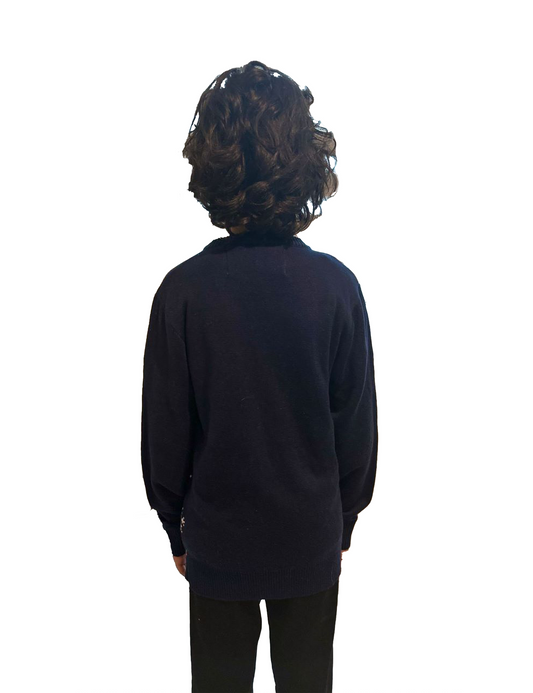 Girls' snowman sweater back view, navy knit long-sleeve top with crew neck