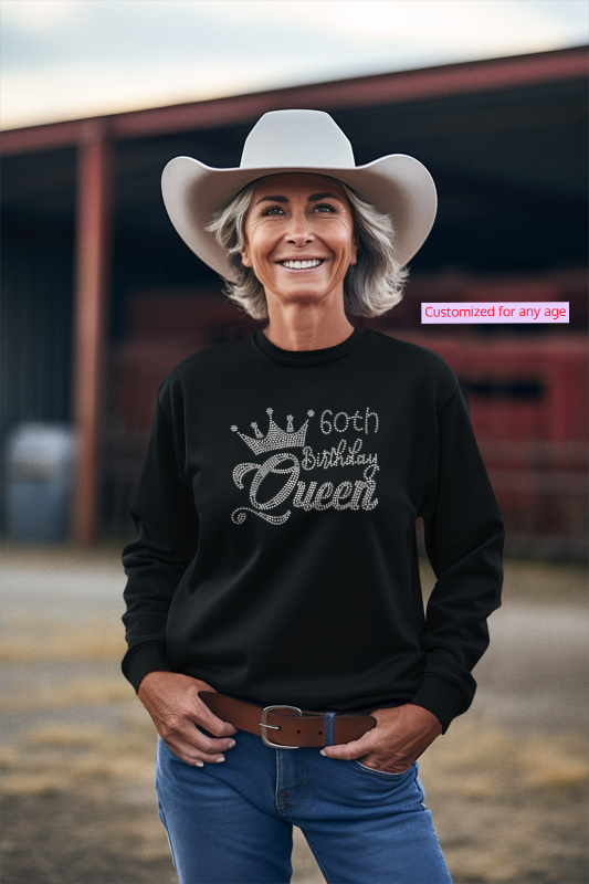 60th Birthday Queen Rhinestone Shirt β Birthday Sparkle Bling Tee | Blingdazzel CREW NECK SWEATER