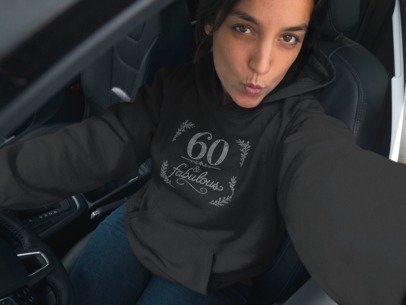 Black crew-neck rhinestone graphic shirt with '60 & Fabulous' front design