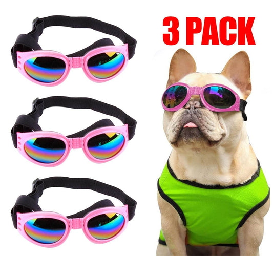 Pink pet sunglasses 3-pack with rainbow lenses and adjustable strap, UV protection