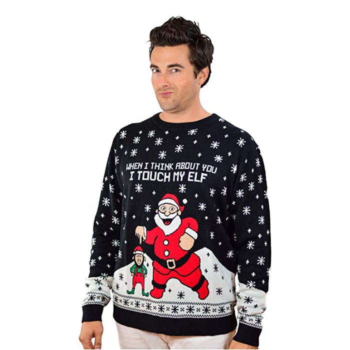 Black crewneck sweater with elf graphic, snowflakes, and holiday text
