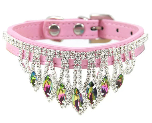Pink rhinestone dog collar with silver chain fringe and teardrop crystals
