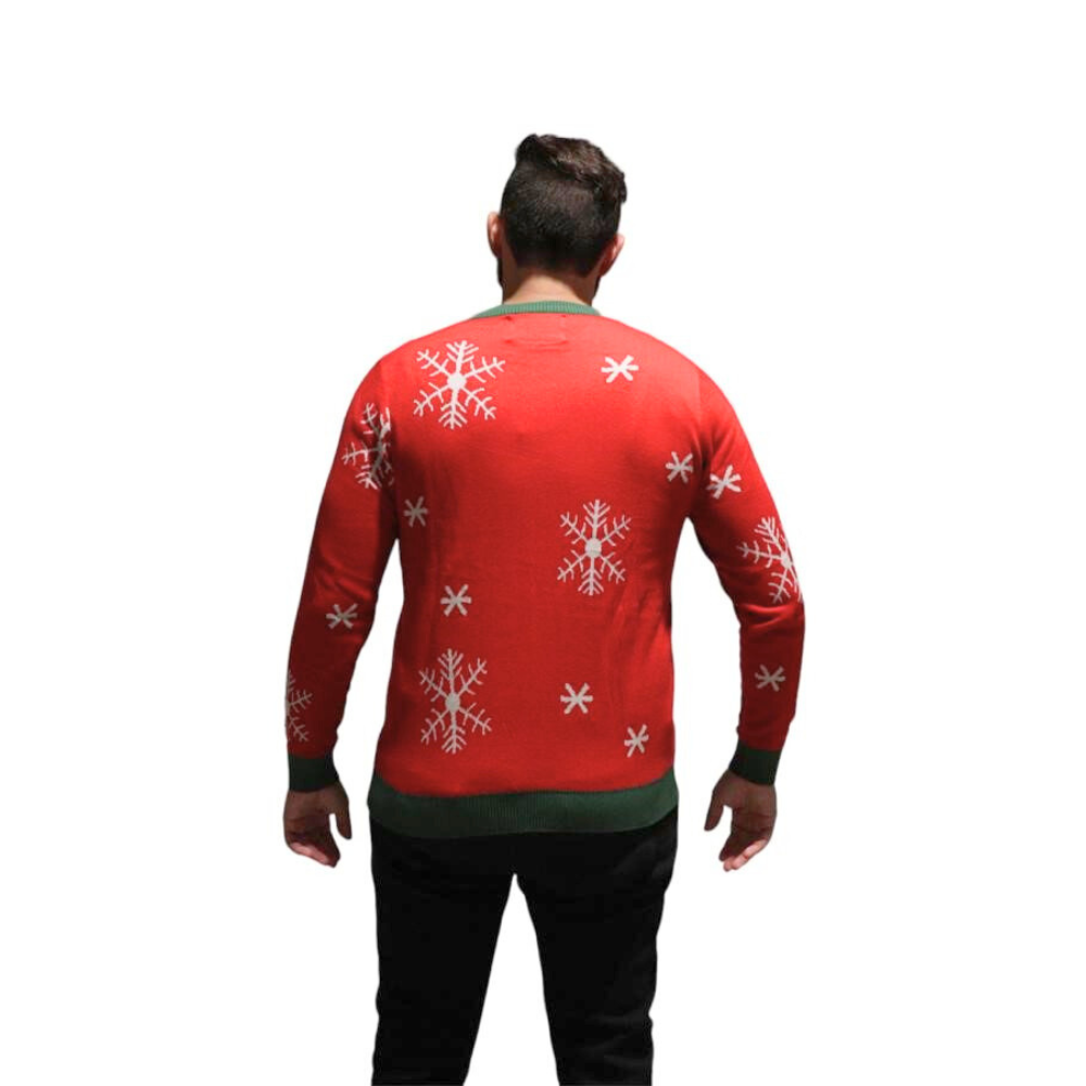 Red sweater back with snowflake pattern, long sleeves, green ribbed cuffs
