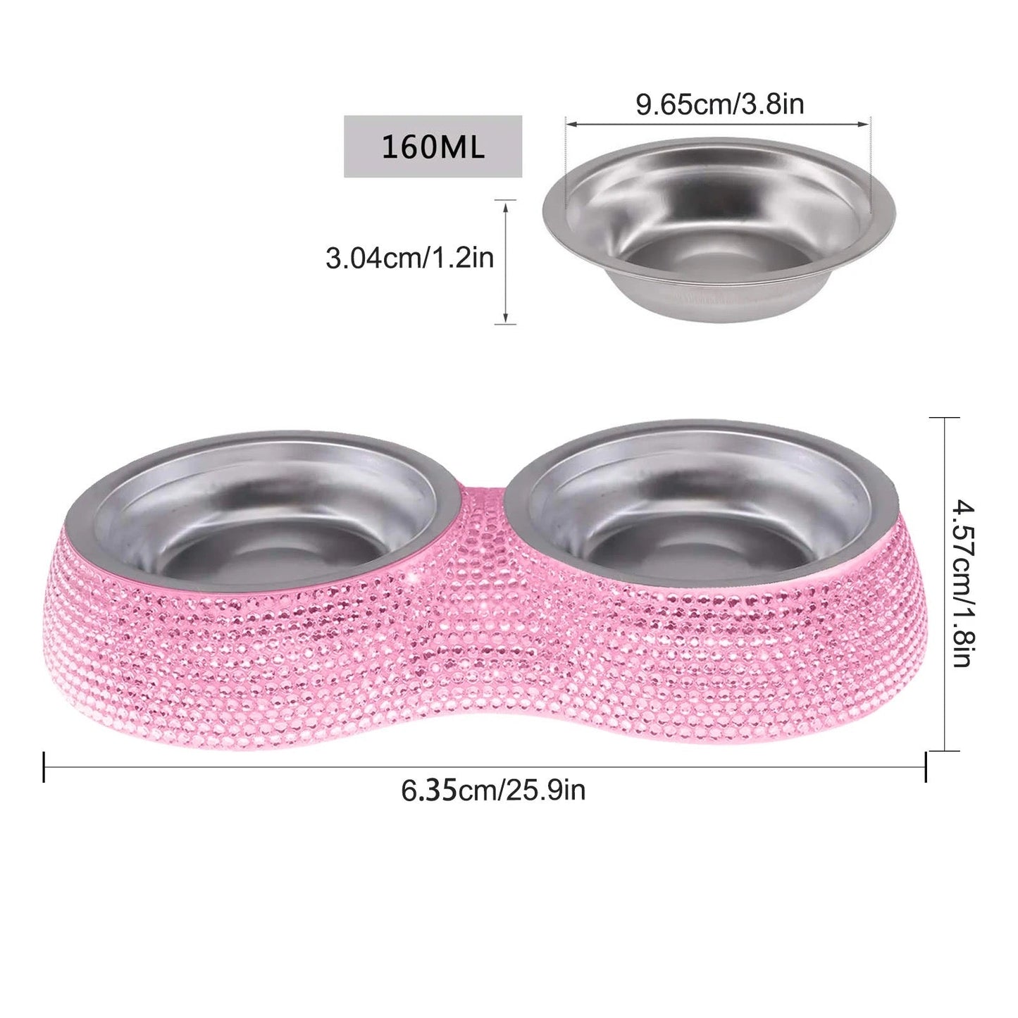 Pink rhinestone double dog bowl with stainless steel dish; 160 ml, sized diagram