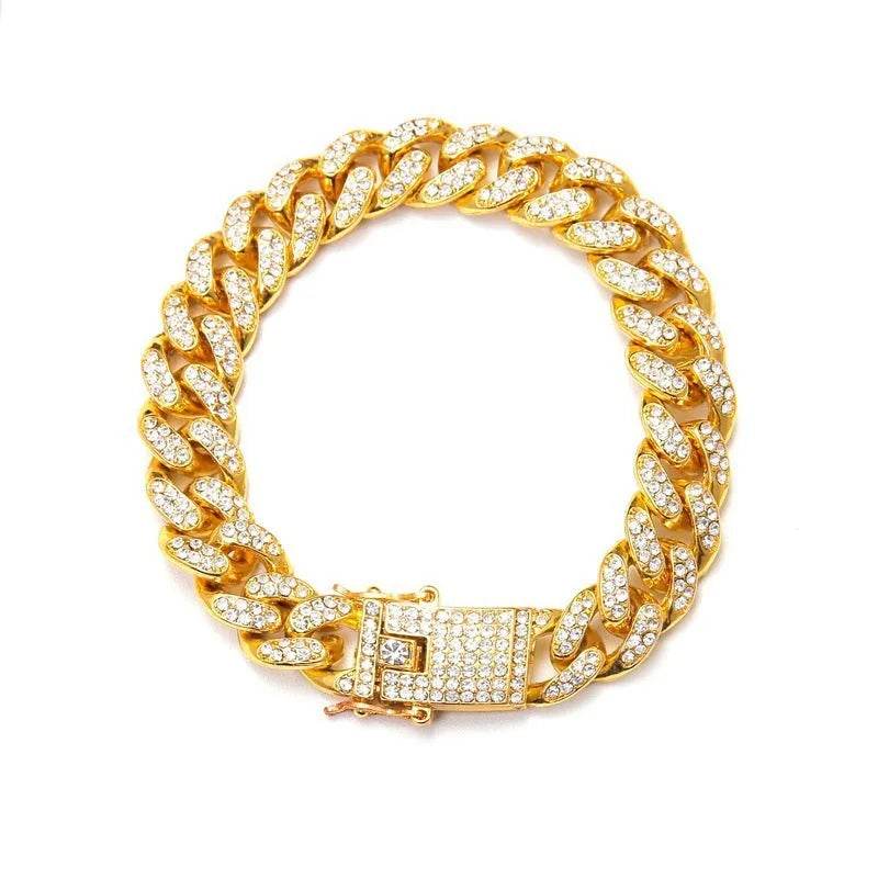 Gold diamond Cuban link chain bracelet with square clasp and oval links