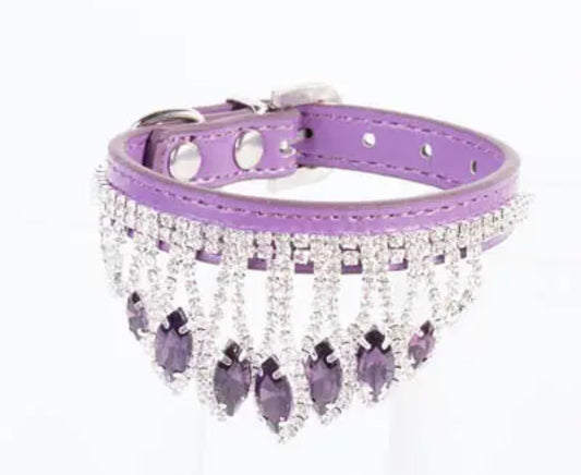 Purple rhinestone dog collar with dangling crystal fringe and adjustable holes
