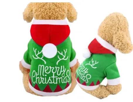Green Christmas pet sweater with red yoke, white antler graphic, and beige fur hood