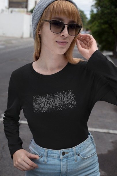 Black rhinestone graphic long-sleeve shirt with crew neck