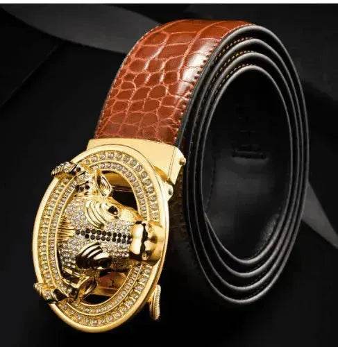 Gold-tone diamond-studded bull head automatic buckle on tan leather belt