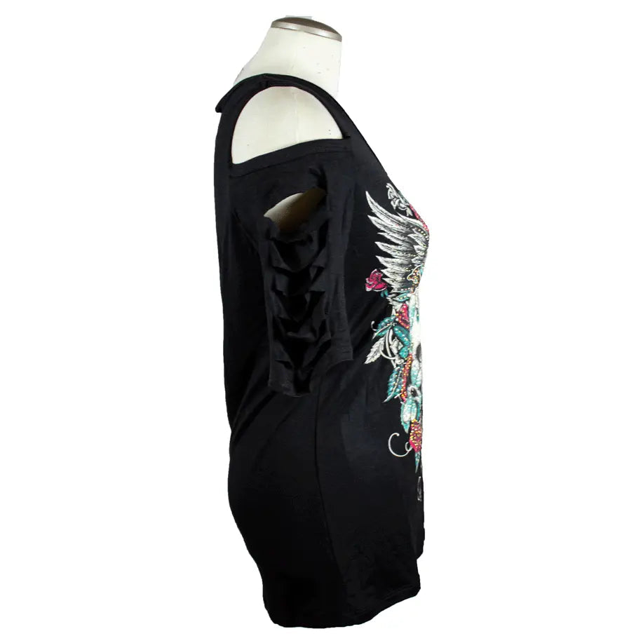 Black sleeveless top with floral wing design on a mannequin against a white background
