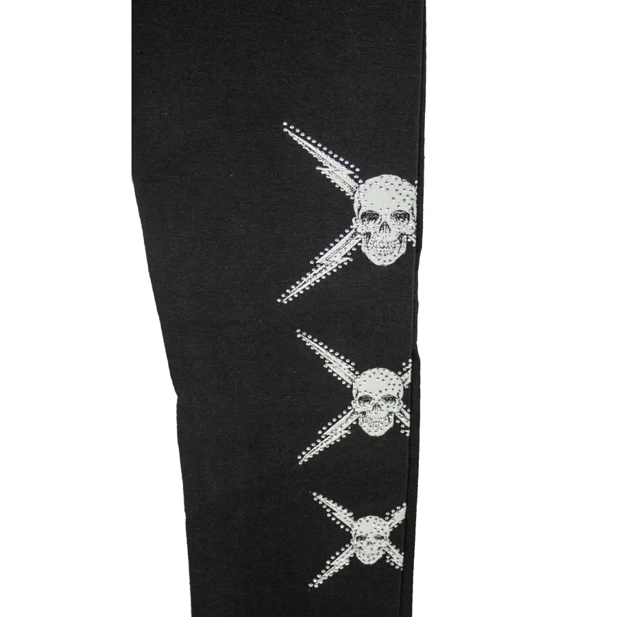 Black leggings with rhinestone skulls and crossed bones in vertical pattern