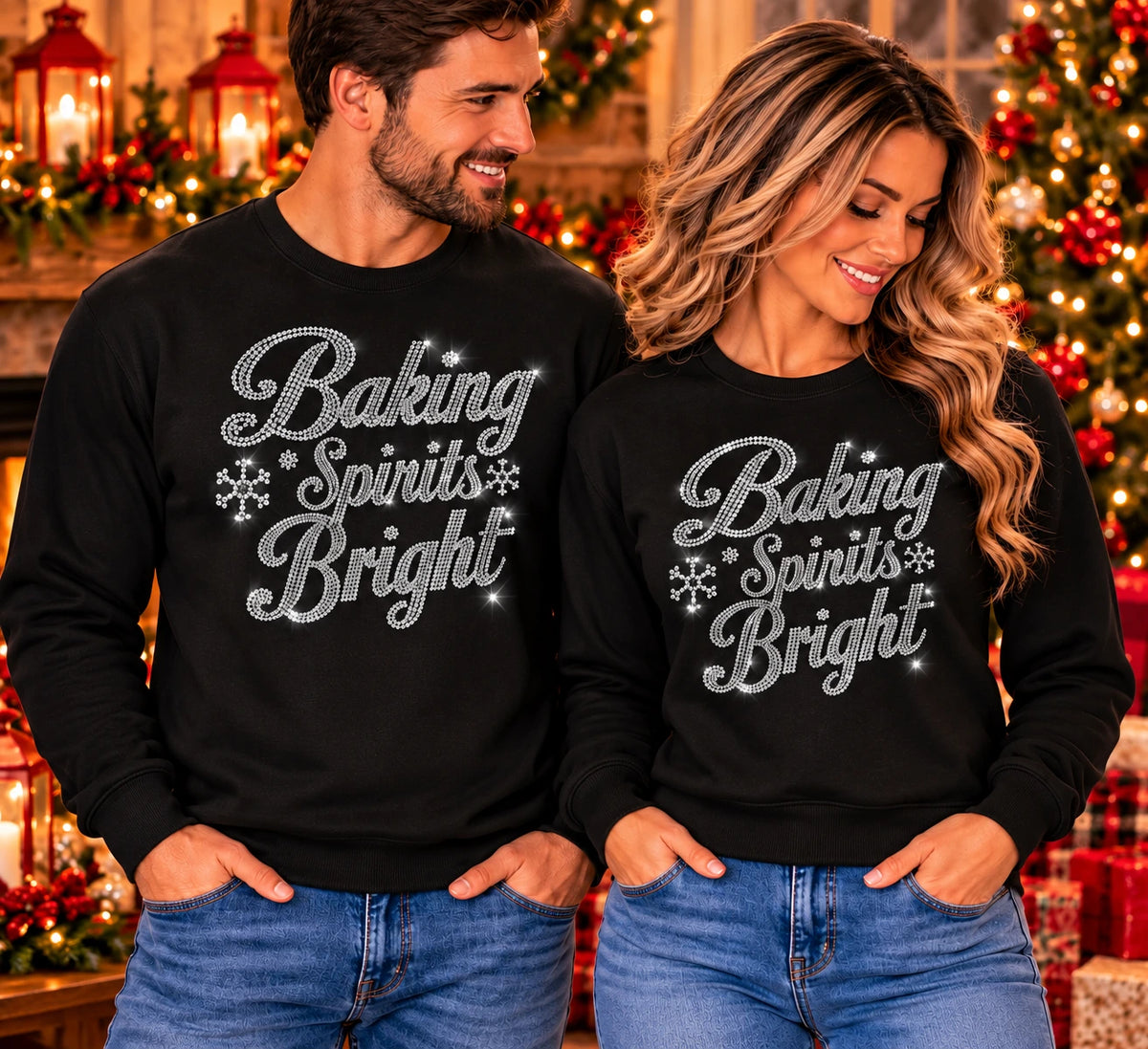 Black crew neck sweatshirt with silver rhinestone “Baking Spirits Bright” lettering and snowflakes