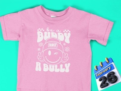 Pink T-shirt with “Be a Buddy Not a Bully” graphic front