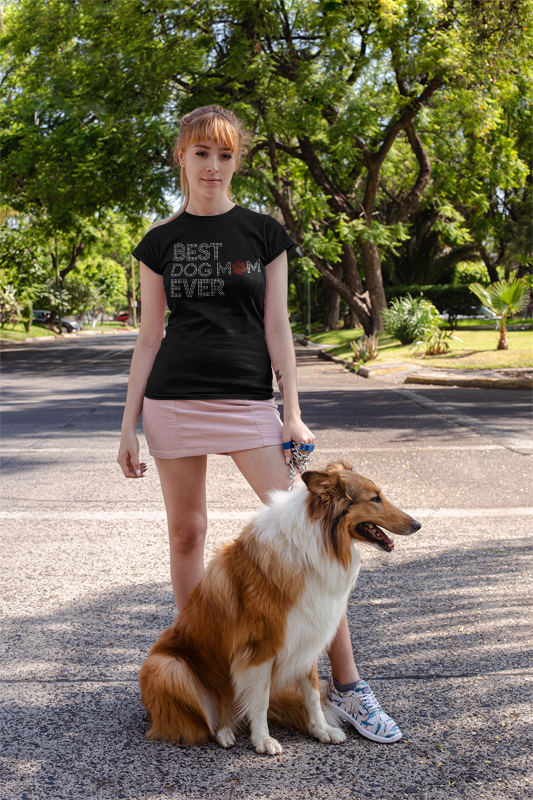 Women’s black crewneck T-shirt with sparkly “Best Dog Mom Ever” rhinestone-style text