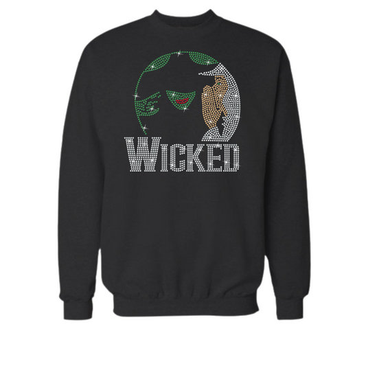 Black crewneck sweatshirt with rhinestone face and text graphic on chest