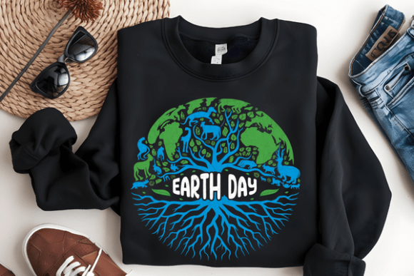 Black crewneck sweatshirt with Earth Day graphic tree and roots print, crew neck