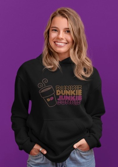 Dunkin Junkie Rhinestone Shirt – Coffee Lover Sparkle Bling Tee | Blingdazzel Hoodie Black