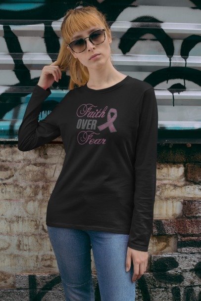 Faith Over Fear Breast Cancer Rhinestone Shirt – Pink Ribbon Sparkle Bling Tee | Blingdazzel LONG SLEEVE T-SHIRT