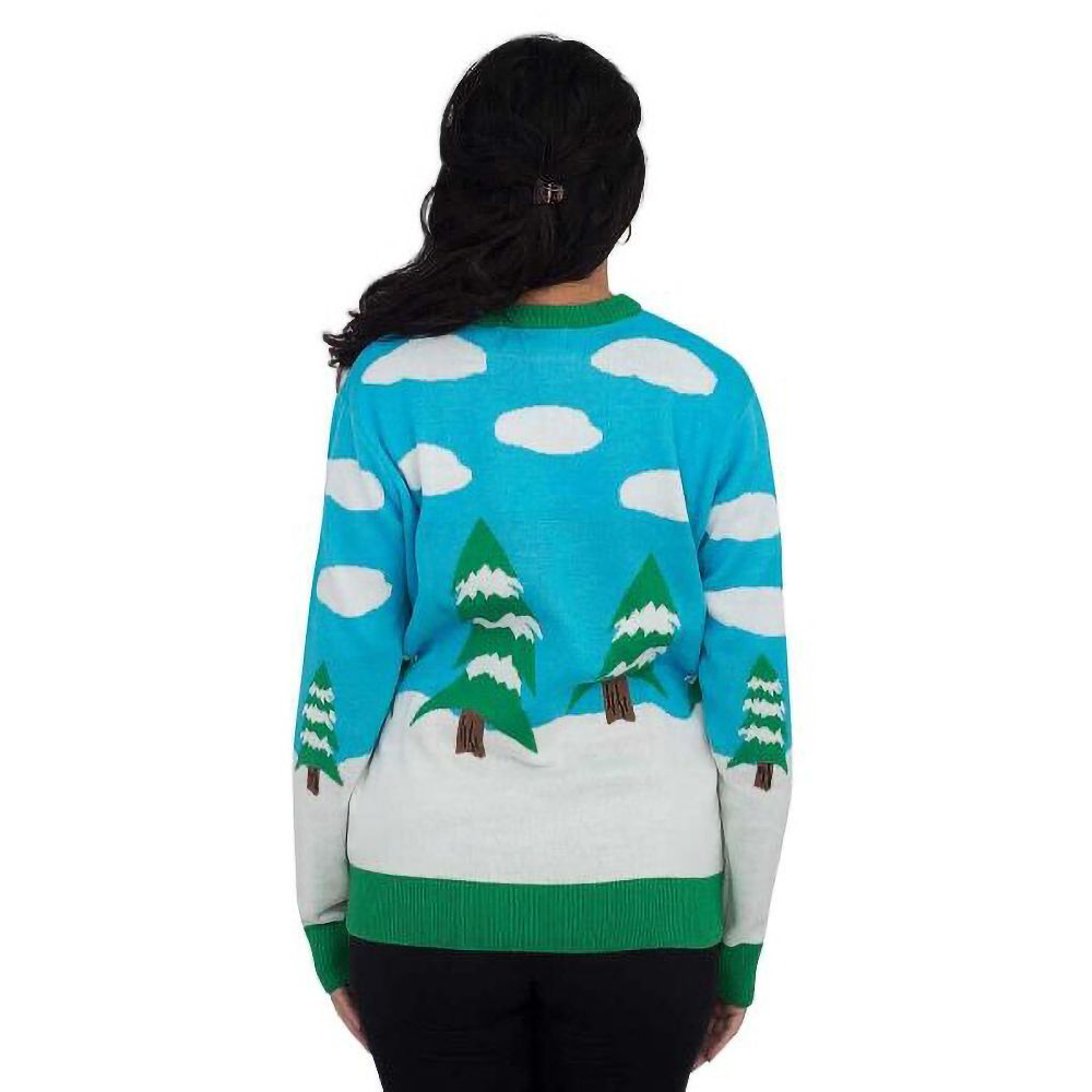 Snowman knit sweater with back graphic of pine trees and white snow shapes, green trim