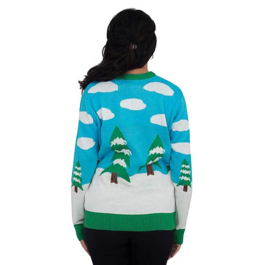 Snowman knit sweater with back graphic of pine trees and white snow shapes, green trim