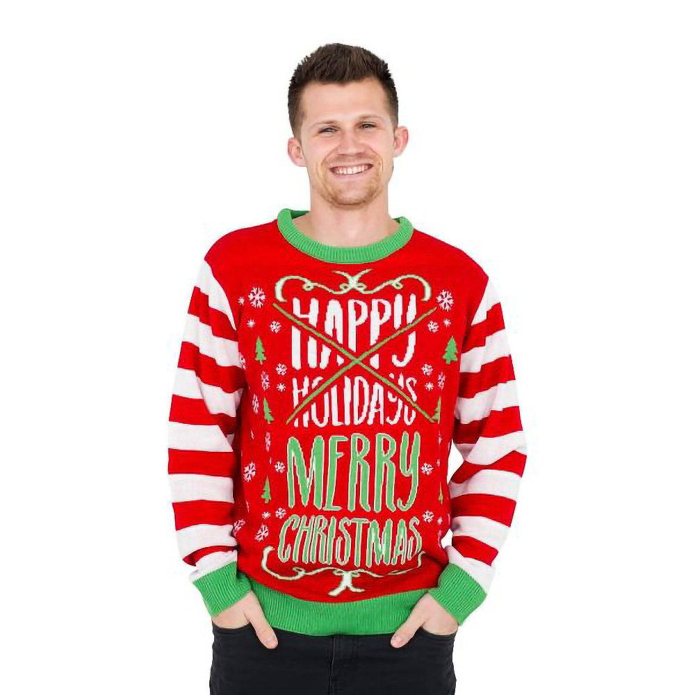Red and white striped holiday sweater with green trim, 'Merry Christmas' graphic