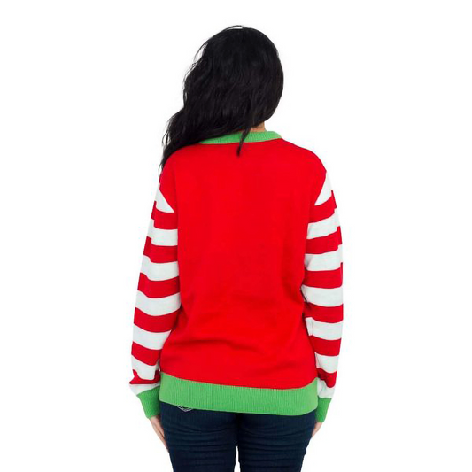 Women's holiday sweater back view, red with white striped sleeves and green ribbed trim