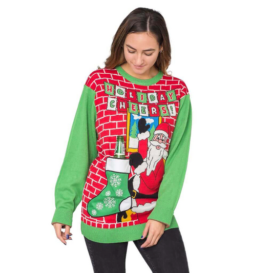 Green holiday sweater with Santa holding beer mug, red brick and snowman graphic