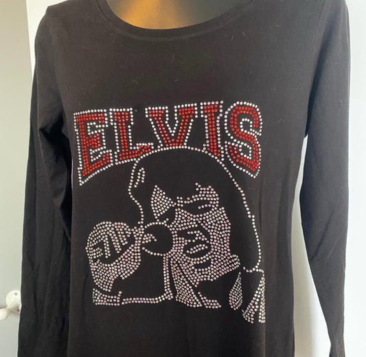 Black rhinestone long sleeve T-shirt with ELVIS text and guitar player graphic