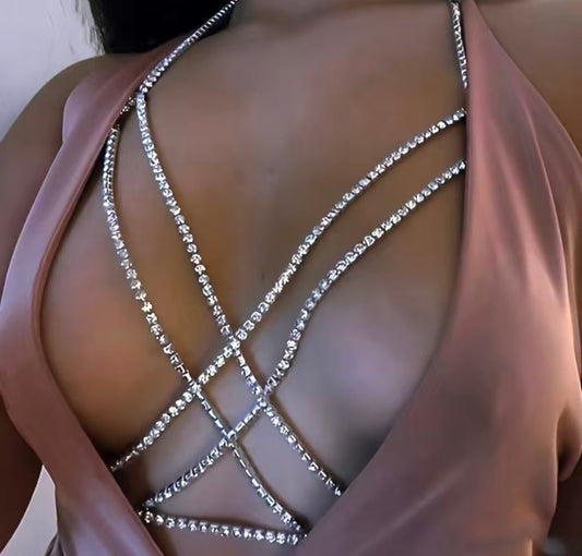 Cross Body Bikini Bra - Body Chain Rhinestones